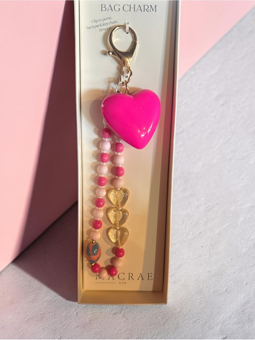 Macrae  Pink Heart Beaded Bag Charm Keychain